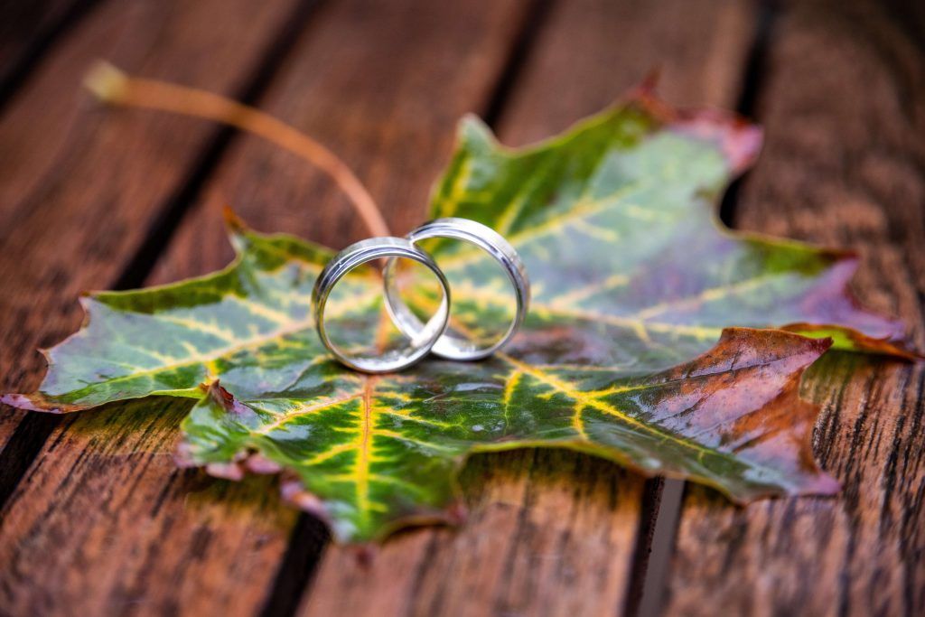 Hoja otoñal con anillos - ¿QUÉ VENTAJAS TIENE CASARTE EN OTOÑO?